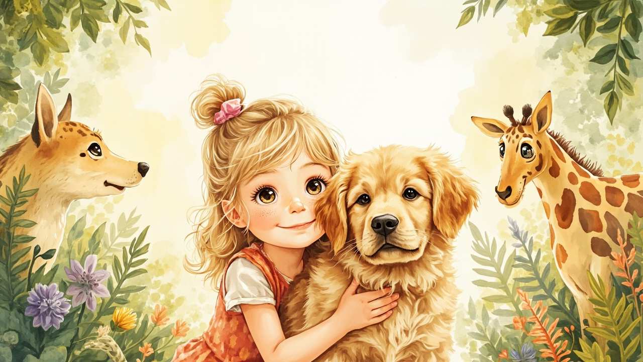 Find Luna at the Zoo - A little girl with her golden retriever puppy at the zoo